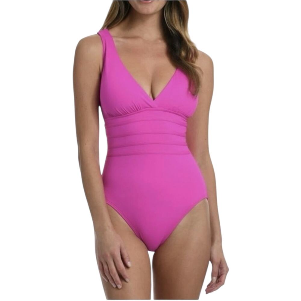 La Blanca Banded Waist‎ Strappy Cross Back One-Piece Swimsuit Orchid Pink 10